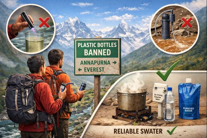 دليل للمتنزهين حول حظر الزجاجات البلاستيكية في نيبال في أنابورنا وإيفرست. يغطي سبب فشل المرشحات والأقلام فوق البنفسجية ، وطرق موثوقة للحصول على مياه شرب آمنة.